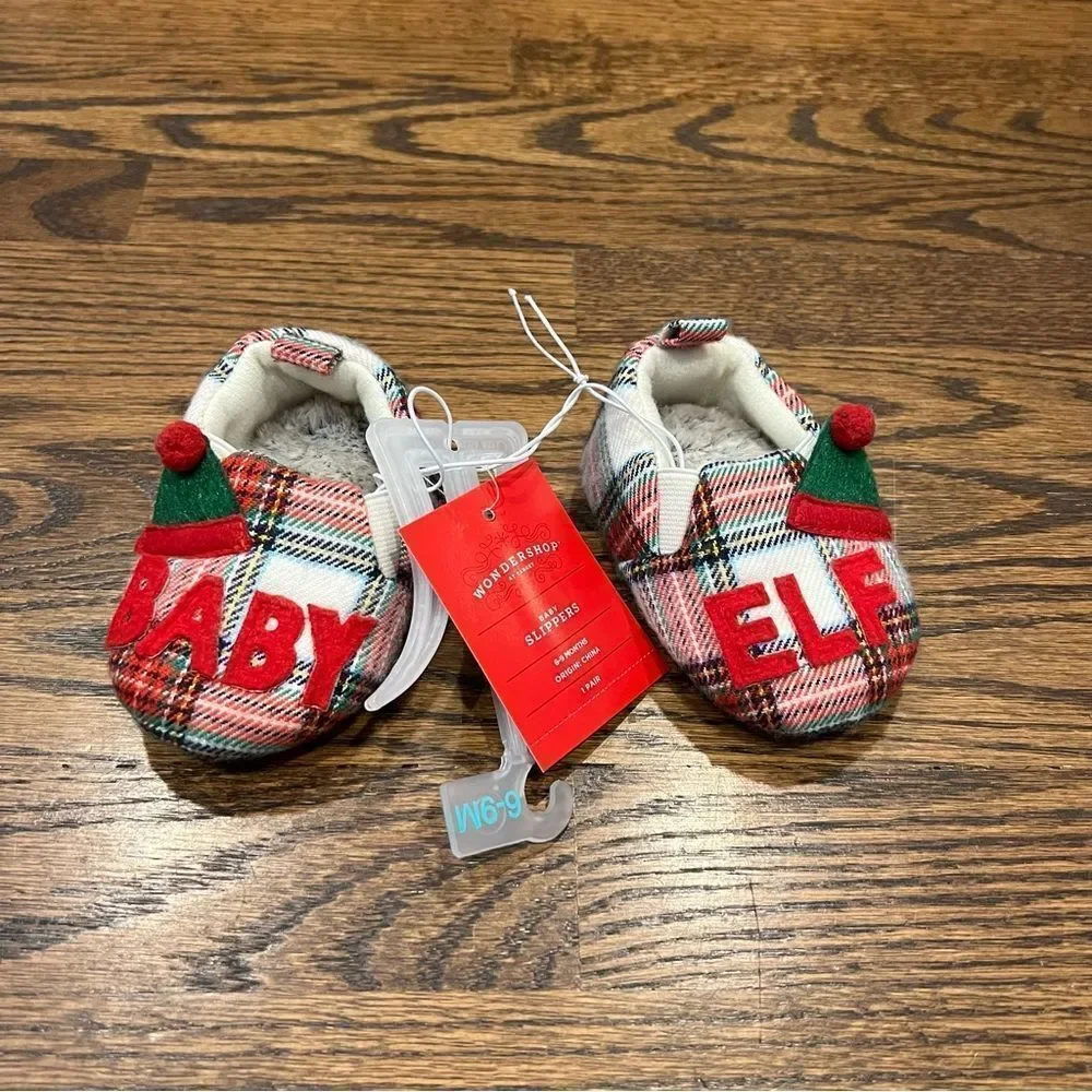 🍭6/$30 New Baby Elf Faux Fur Lined Plaid Christmas Holiday Slippers 6-9 m